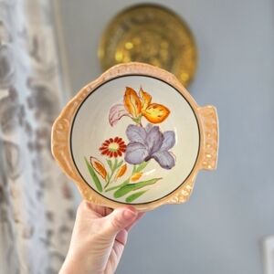 Orange Lusterware Floral Fish Trinket Serving Bowl Dish Made in Japan Vintage